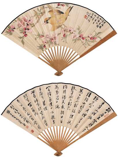 陆抑非 桃花鸣禽 成扇